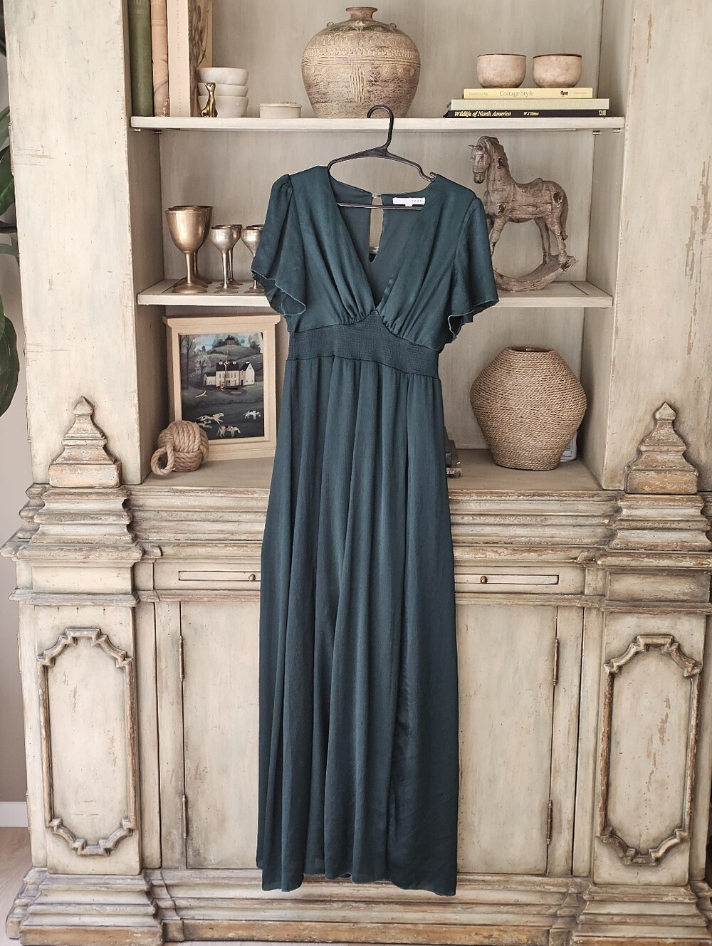 Baltic Born Prague Satin Smocked Empire Waist Maxi Dress Dark Green M - Picture 12 of 13